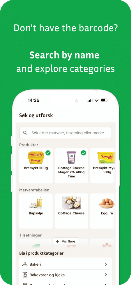 Don't have the barcode? Search by name and explore categories.