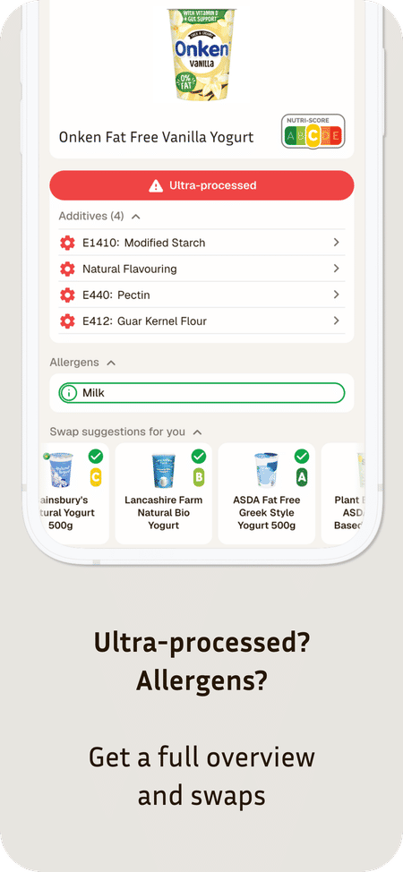 Ultra-processed? Allergens? Get a full overview and swaps.