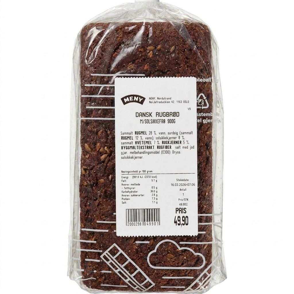 Dansk Rugbrød m/Solsikkefrø 900g Meny