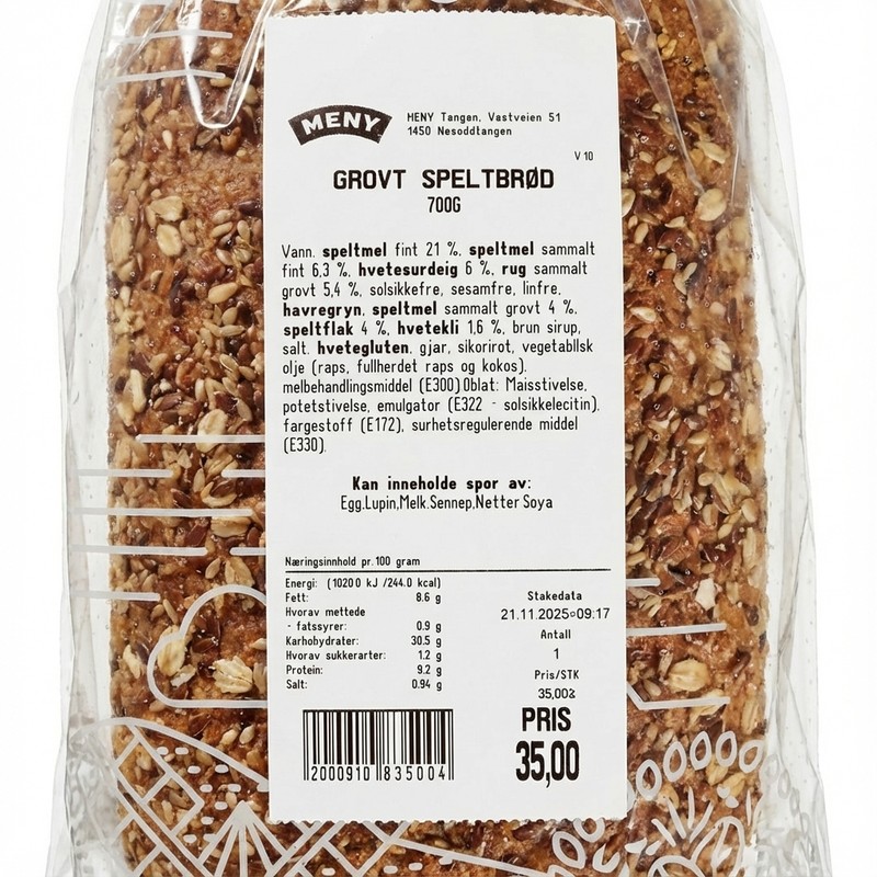 Grovt speltbrød 700g Meny