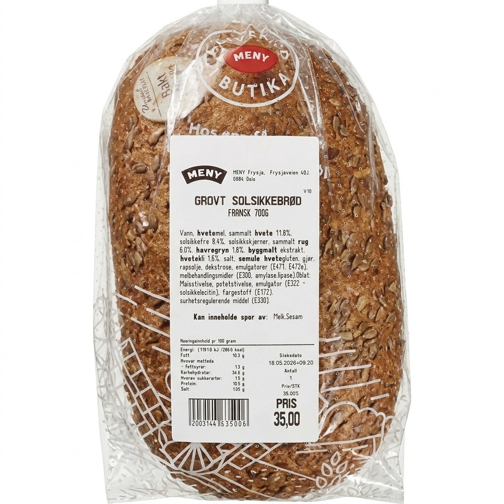 Grovt solsikkebrød fransk 700g Meny