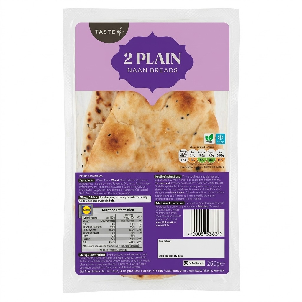 Taste of 2 Plain Naan Breads 260g