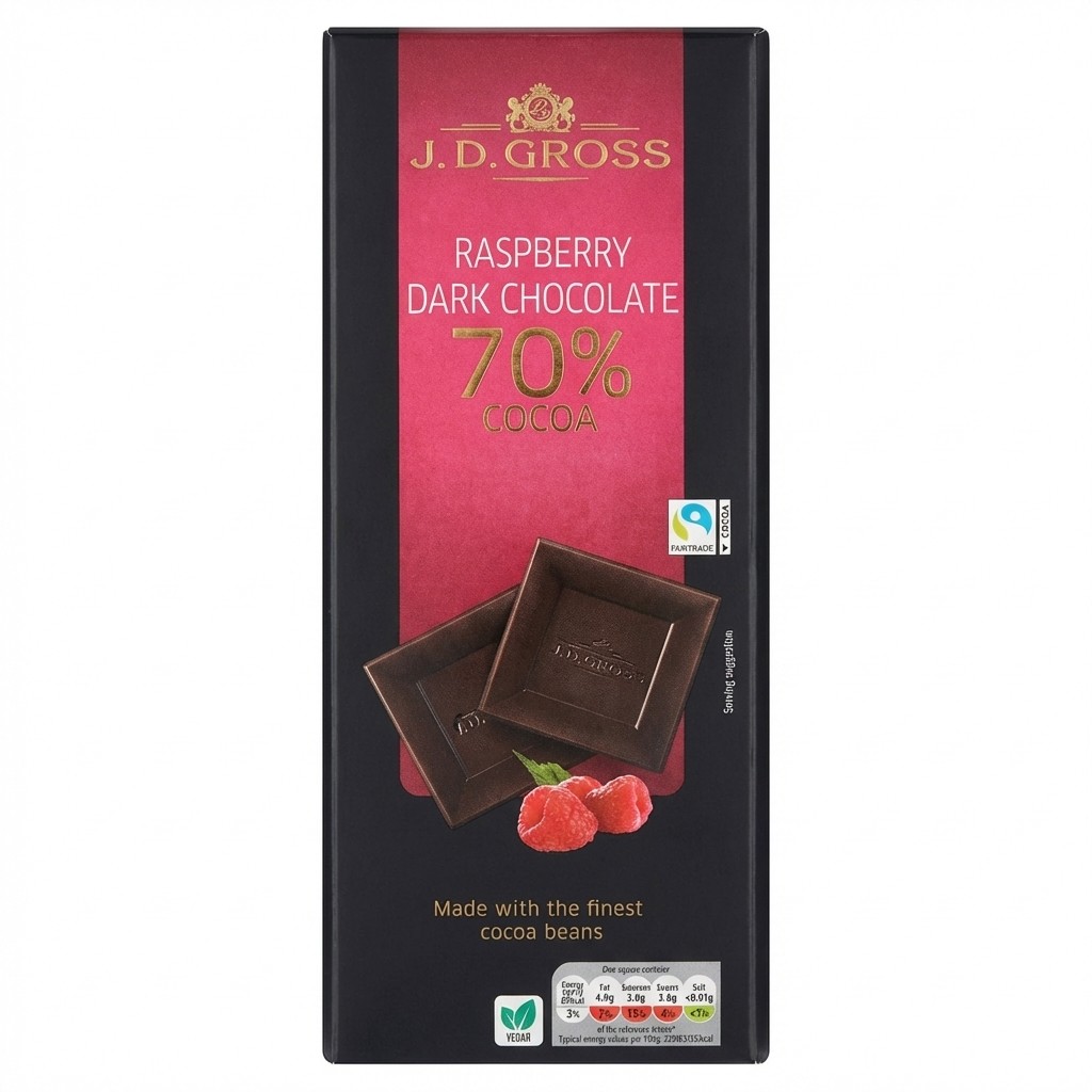 J.D. Gross Raspberry Dark Chocolate 70% Cocoa 125g