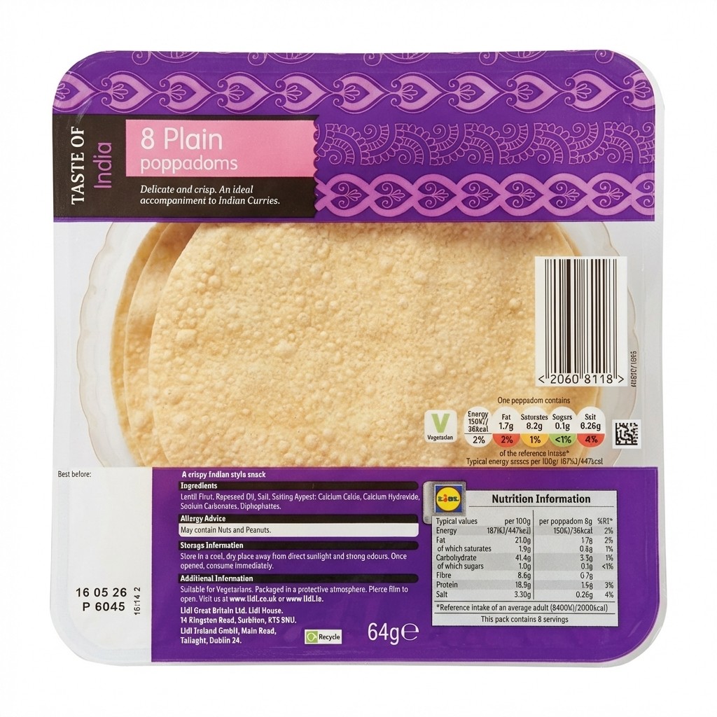 Taste of India 8 Plain Poppadoms 64g