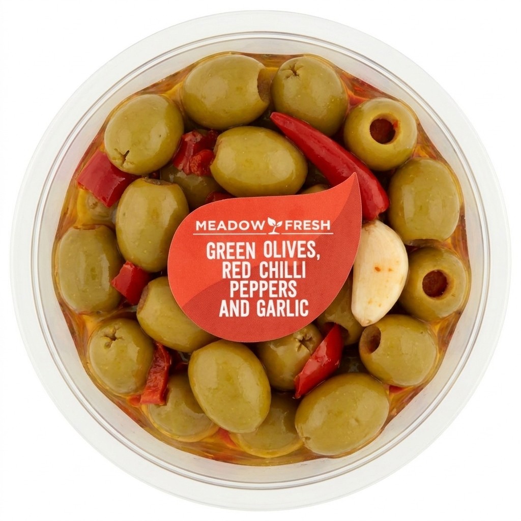 Meadow Fresh Green Olives, Red Chilli Peppers and Garlic 150g