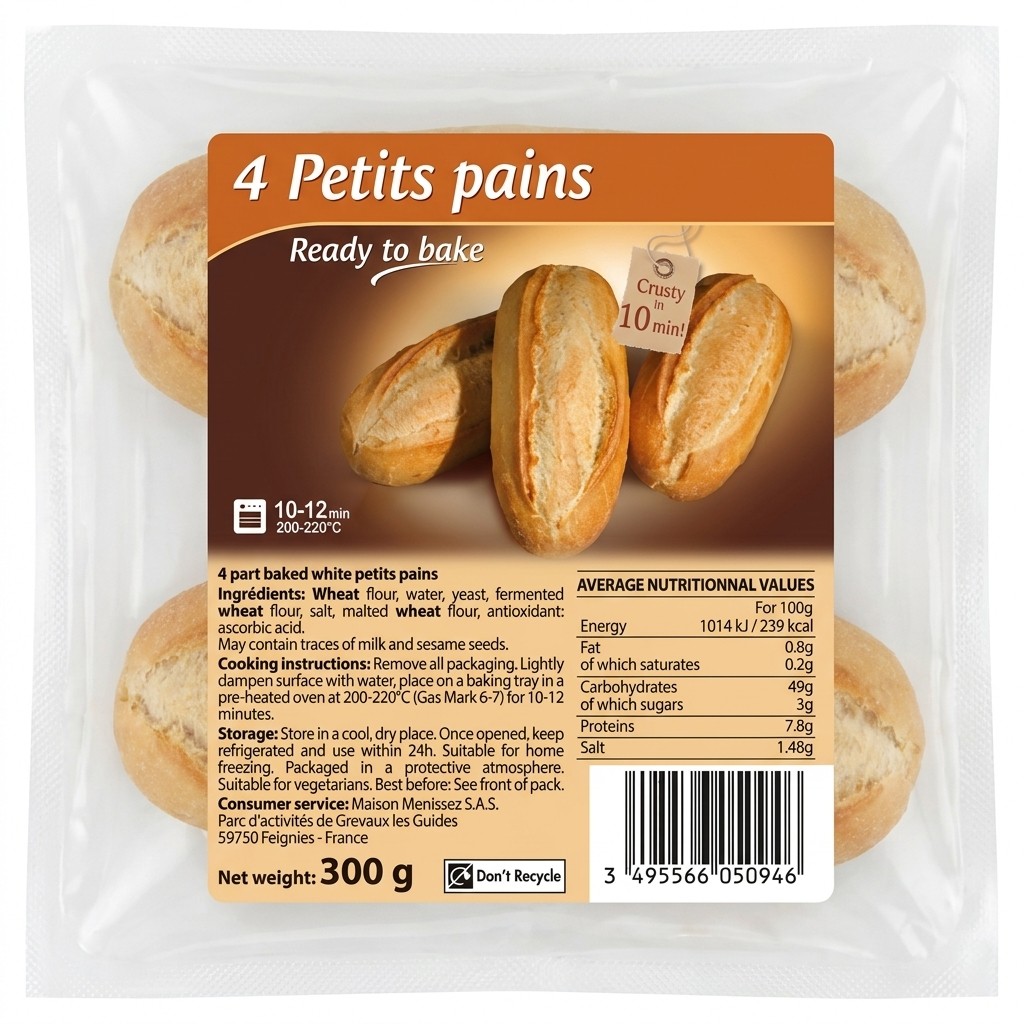 4 Petits Pains Part-Baked White Rolls 300g