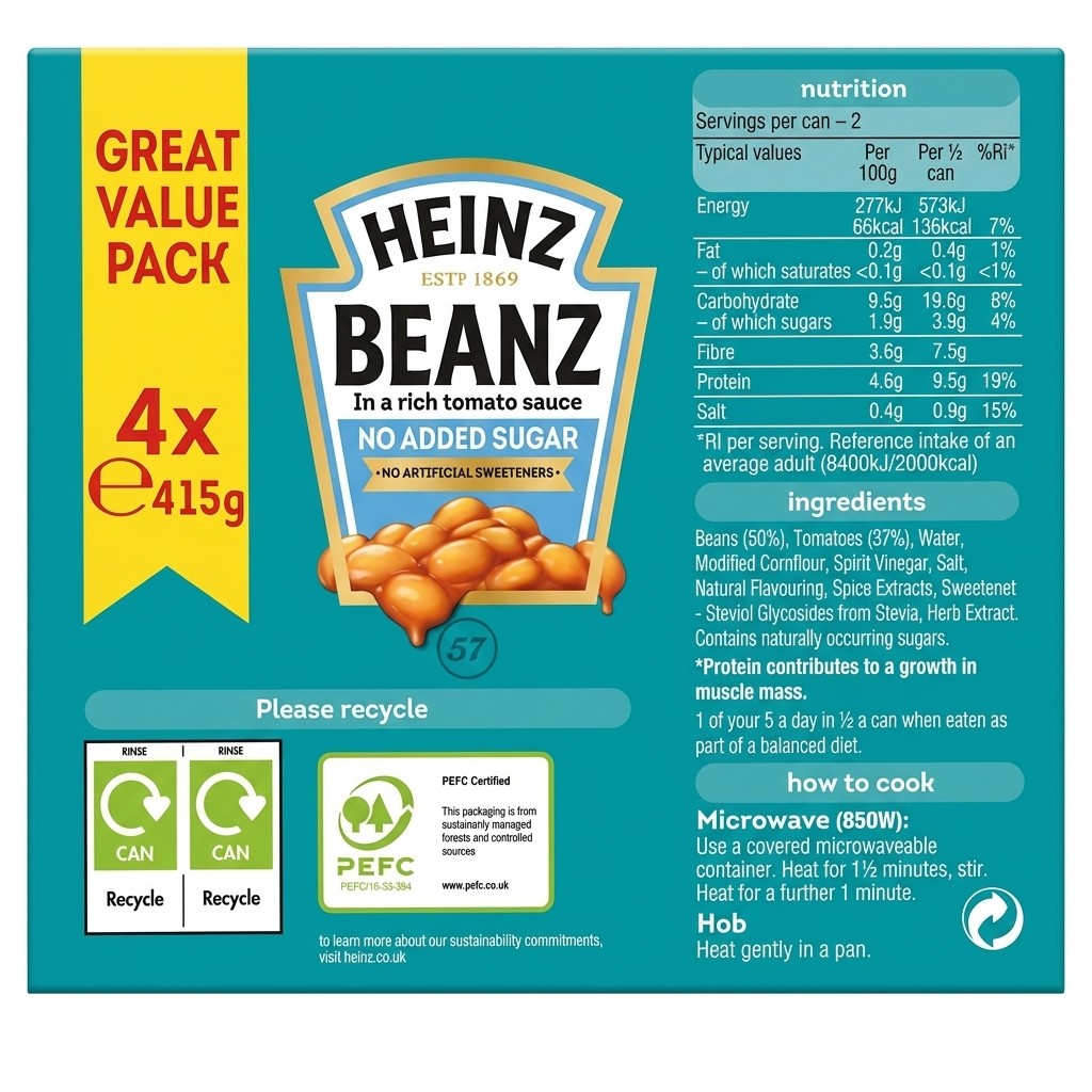 Heinz Beanz No Added Sugar 4x415g