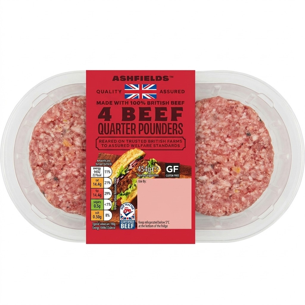 Ashfields 4 Beef Quarter Pounders 454g