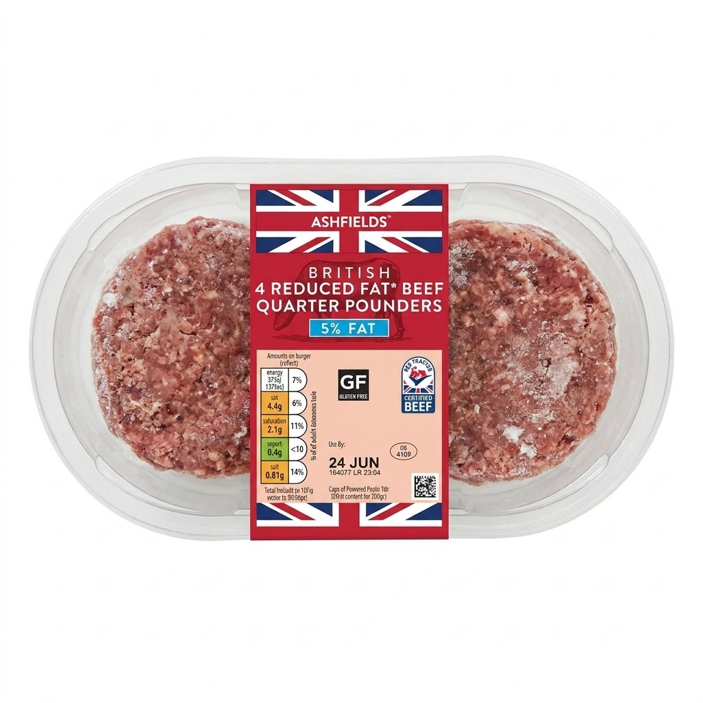 Ashfields 4 Reduced Fat Beef Quarter Pounders 454g
