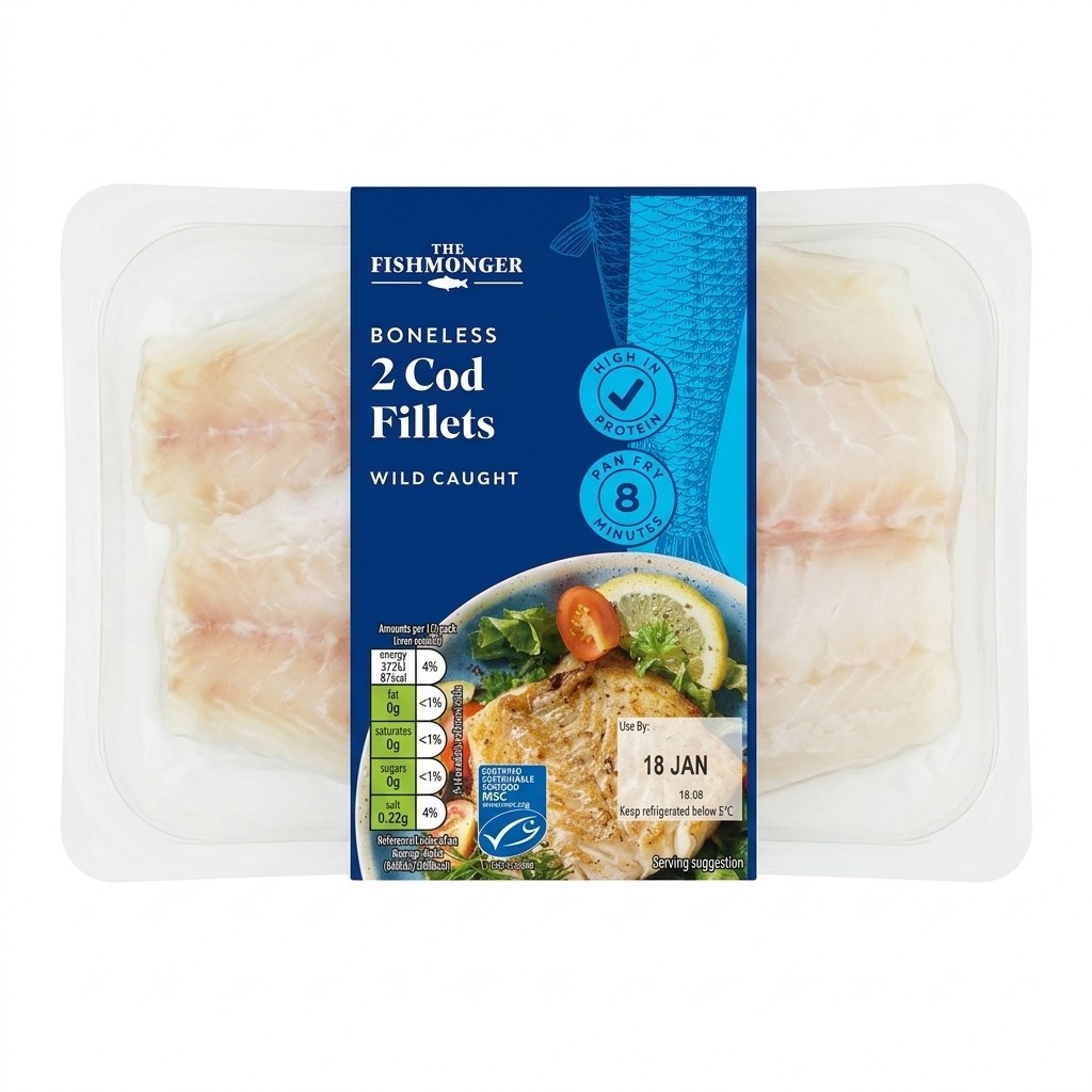 The Fishmonger Boneless 2 Cod Fillets 250g