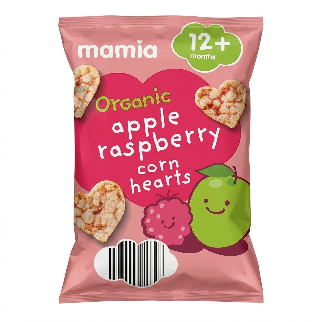 Mamia Organic Apple & Raspberry Corn Hearts 30g