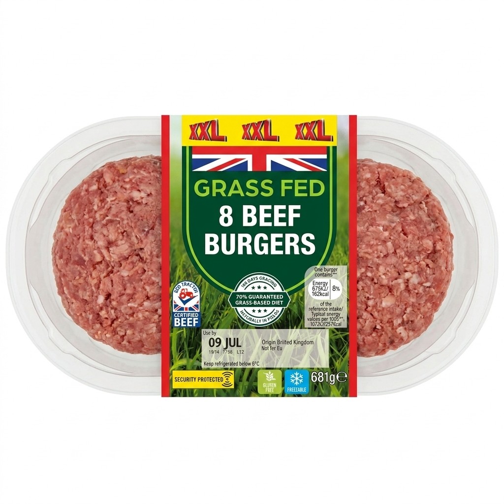 Lidl Grass Fed 8 Beef Burgers 681g