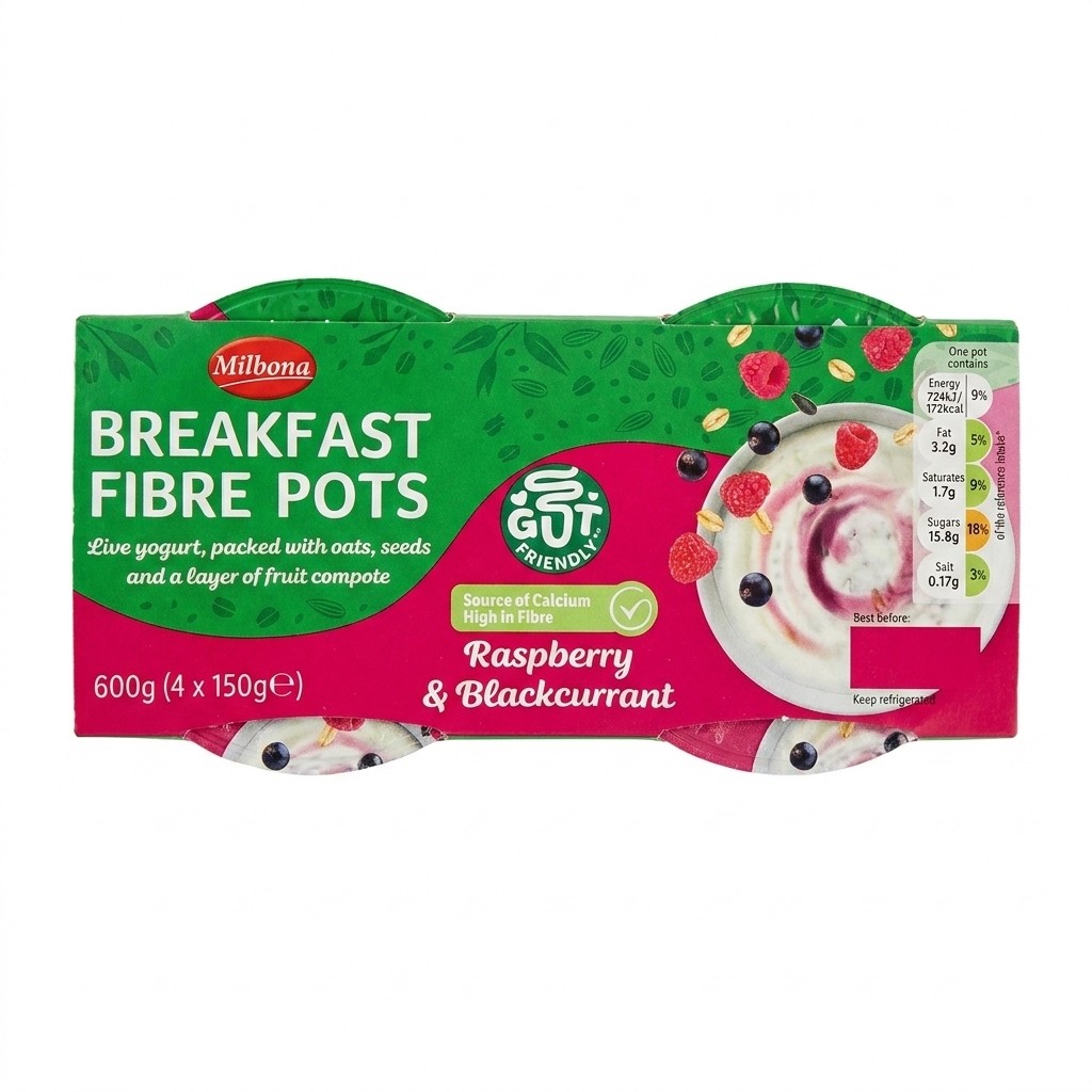 Milbona Breakfast Fibre Pots Raspberry & Blackcurrant 600g