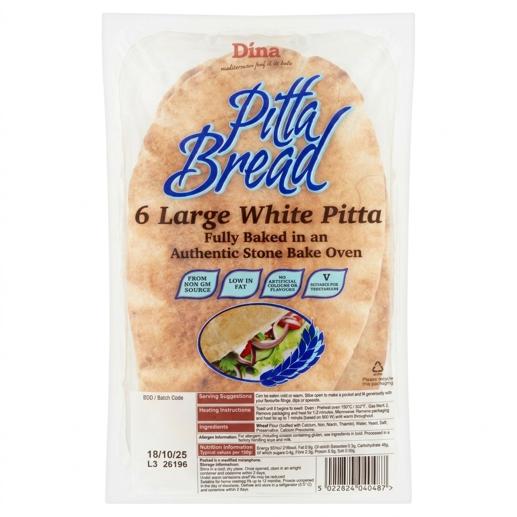 Dina Pitta Bread 6 Large White Pitta