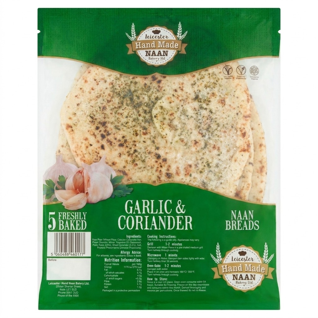 Leicester Hand Made Garlic & Coriander Naan Breads 5 pcs