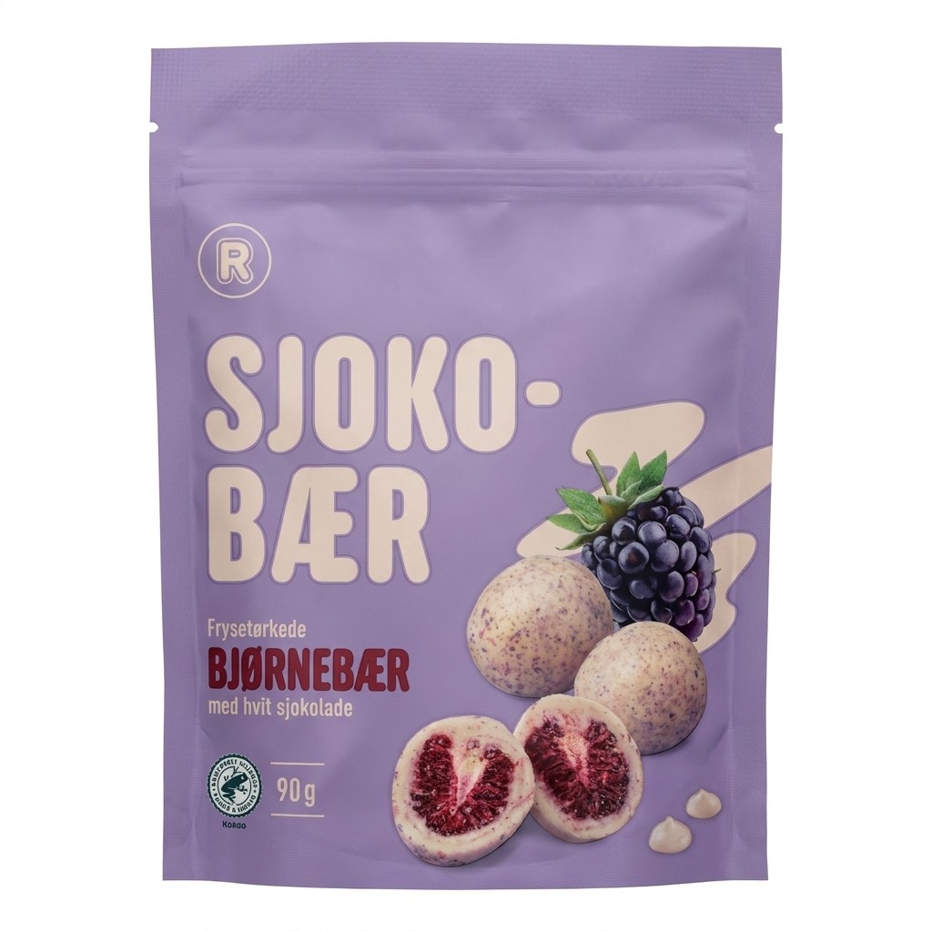 Frysetørkede bjørnebær med hvit sjokolade 90g Rema 1000