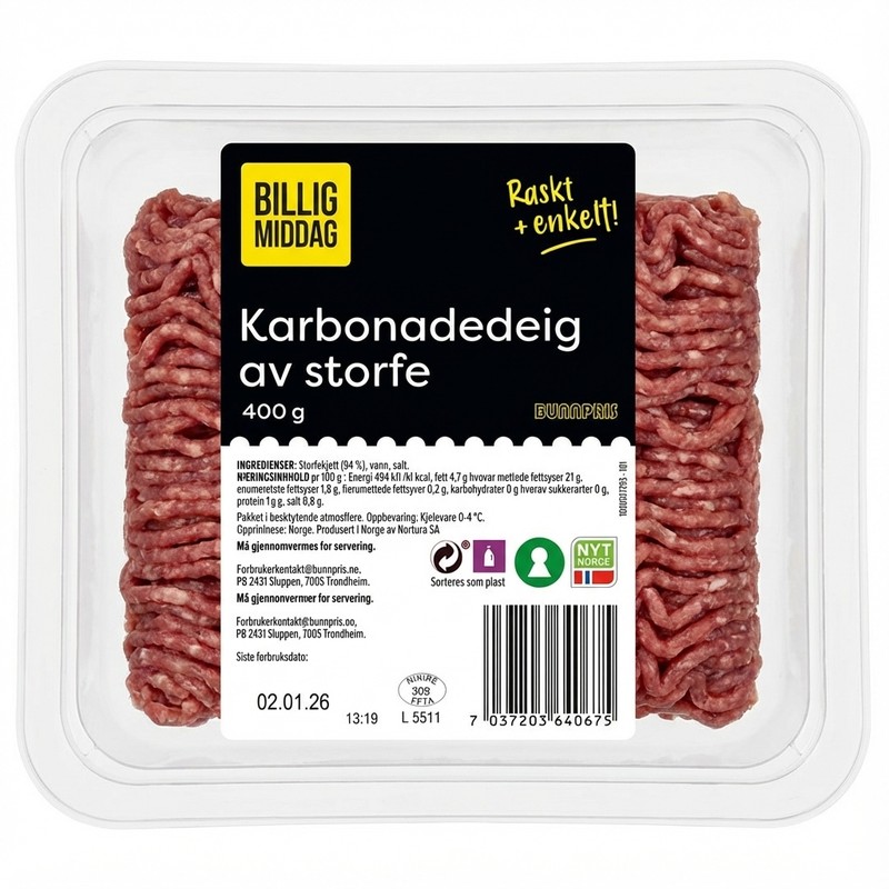Karbonadedeig av storfe 400g Billig Middag