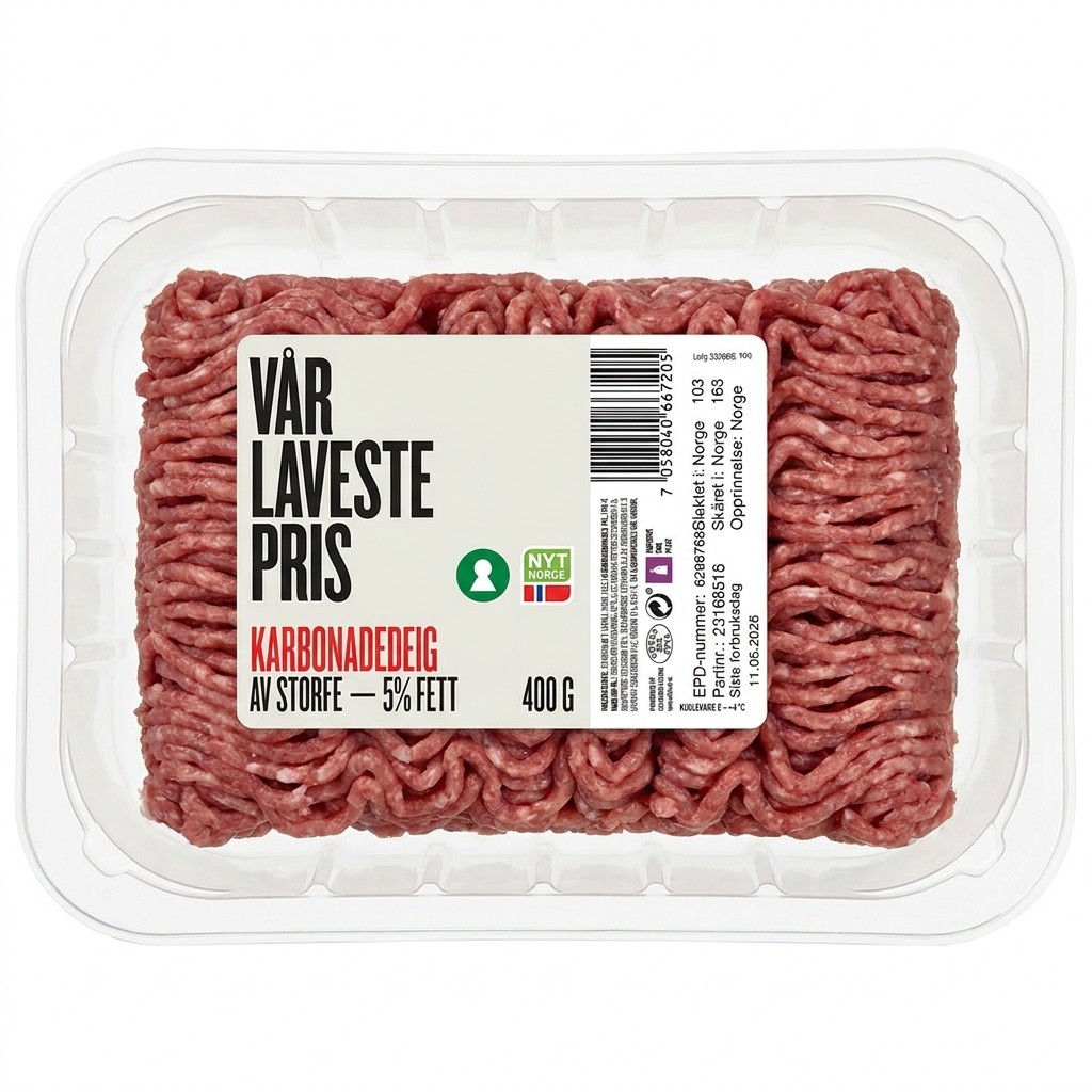 Karbonadedeig av storfe 5% fett 400g Vår Laveste Pris