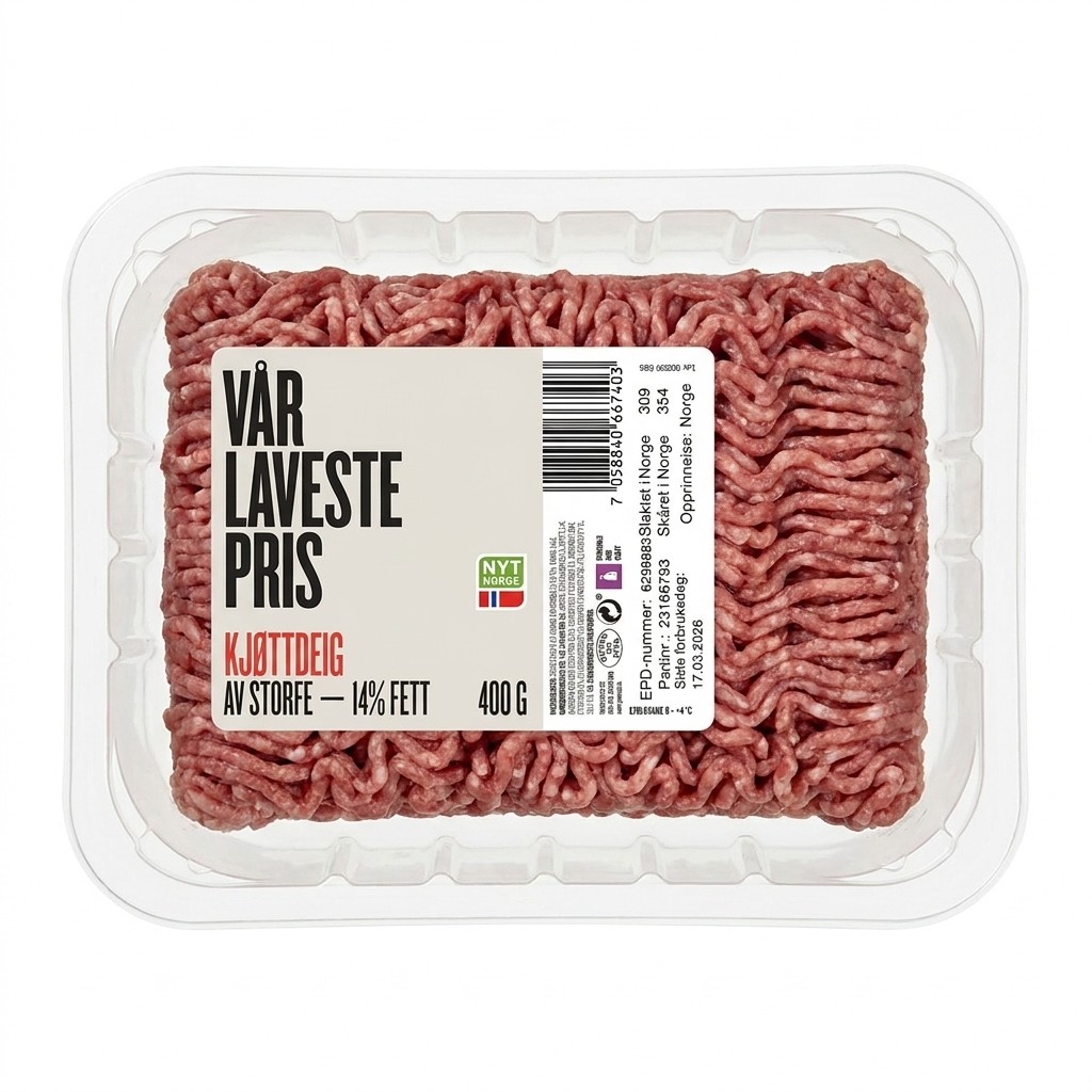 Kjøttdeig av storfe 14% fett 400g Vår Laveste Pris