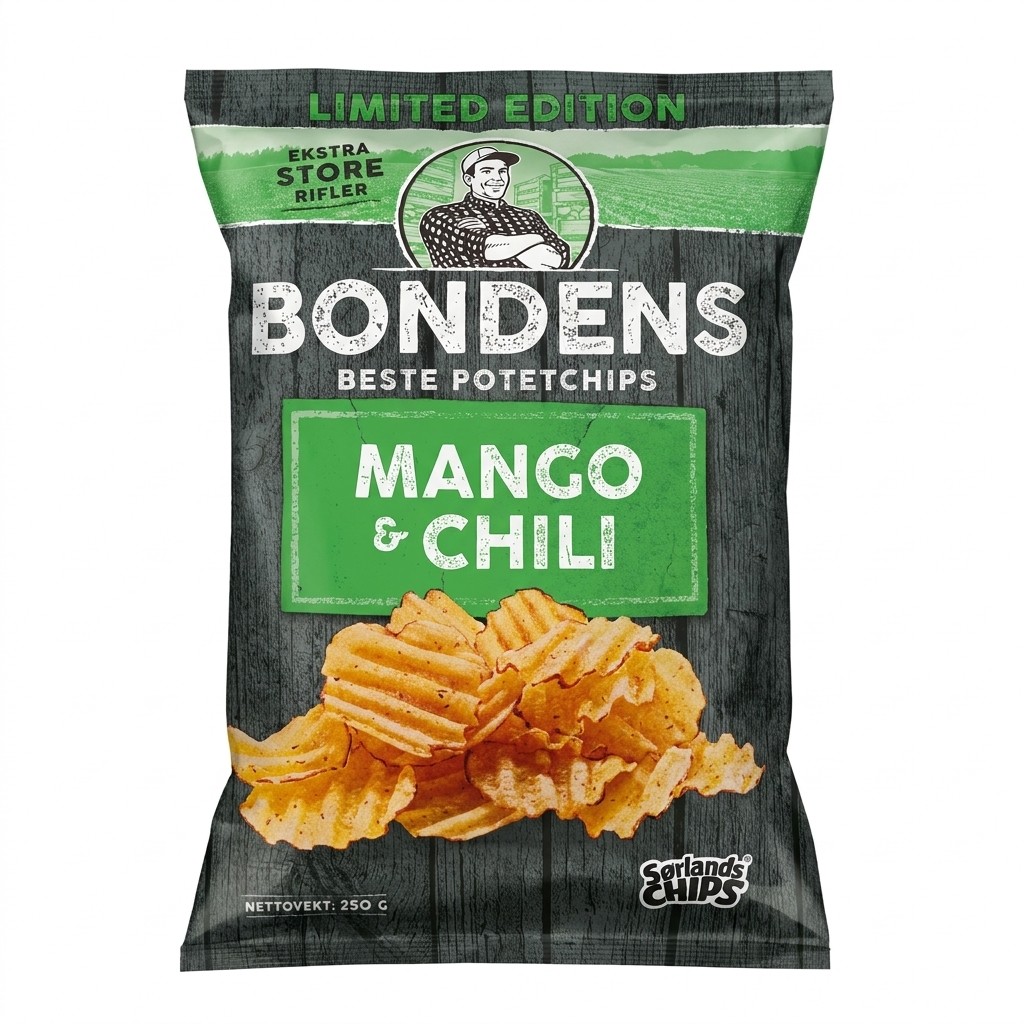 Potetchips med skall, chili og mango 180g Bondens