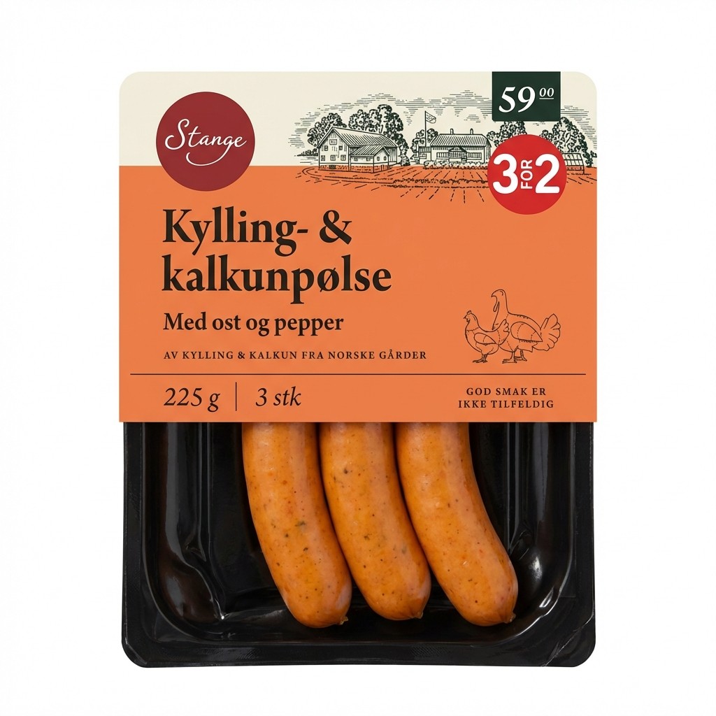 Kylling- & kalkunpølse 225g Stange