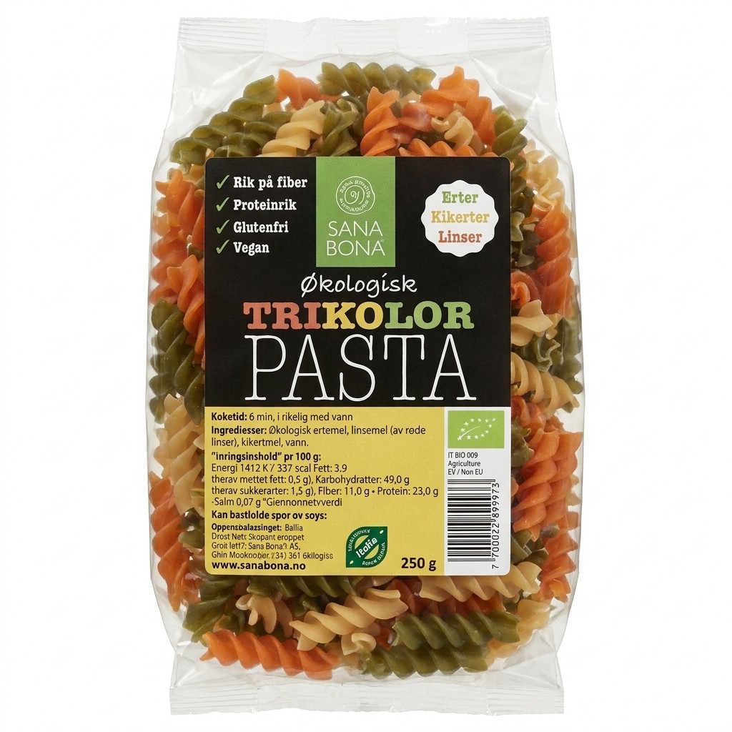 Økologisk Trikolor Pasta 250g Sana Bona