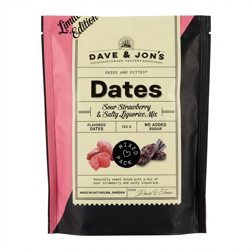 Dates Sour Strawberry & Salty Liquorice Mix 125g Dave & Jon's