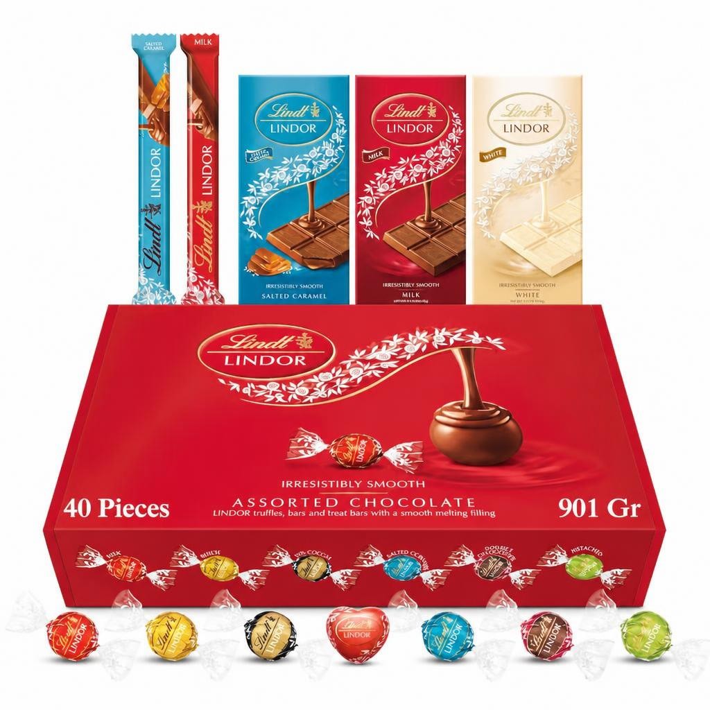 Lindt Chocolates Gift Box - 901g (40-Piece Set) - Assorted Chocolate Bars & Truffles, Lindor Chocolate Hamper, Birthday Gifts for Women and Men, Thank You or Christmas Gifts