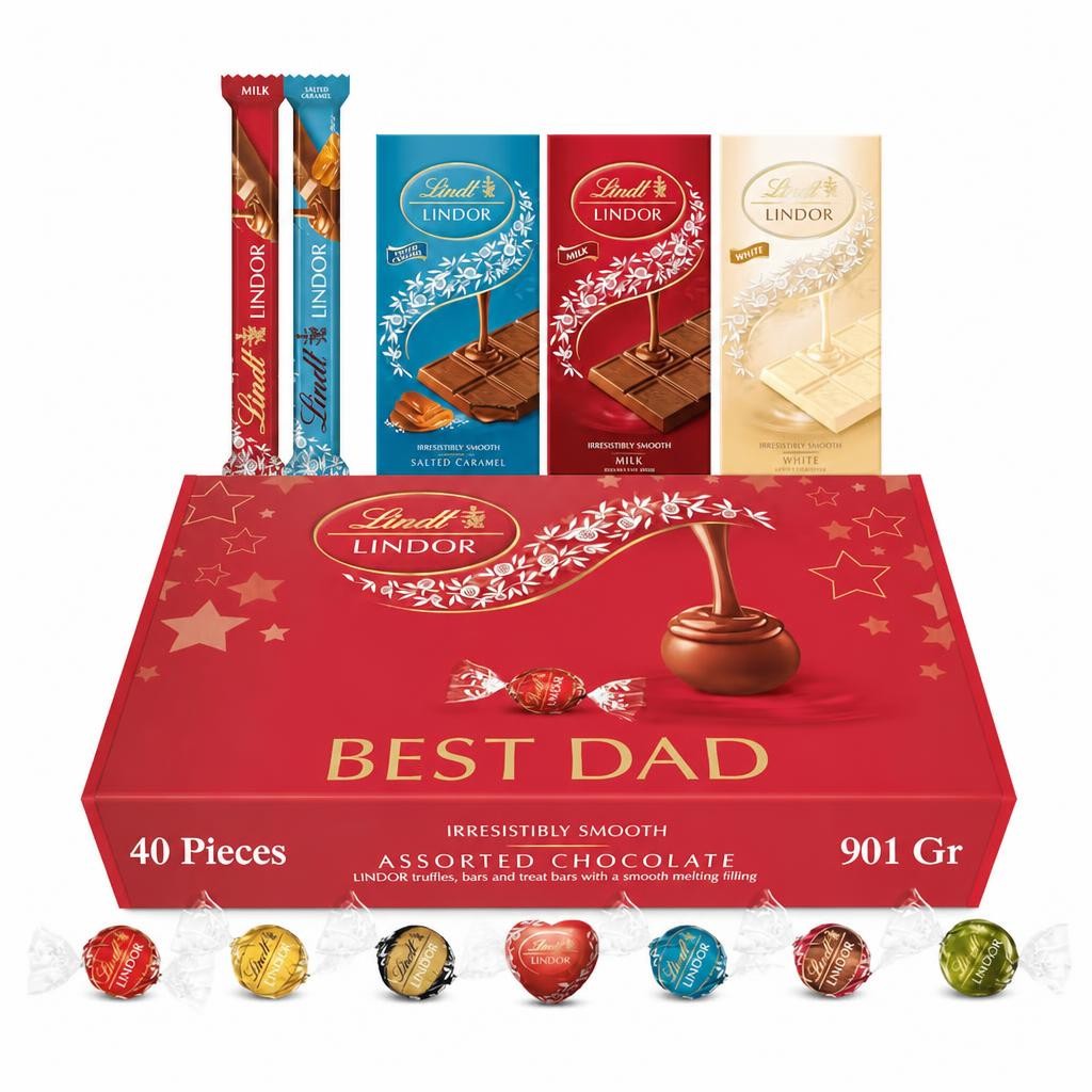 Lindt Best Dad Chocolates Gift Box - 901g (40-Piece Set) - Assorted Chocolate Bars & Truffles, Lindor Chocolate Hamper, Ideal Present for Father's Day, Boyfriend or Happy Birthday Gifts