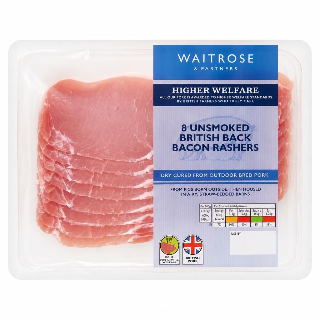 Waitrose 8 Dry Cured Unsmoked Back Bacon Rashers
