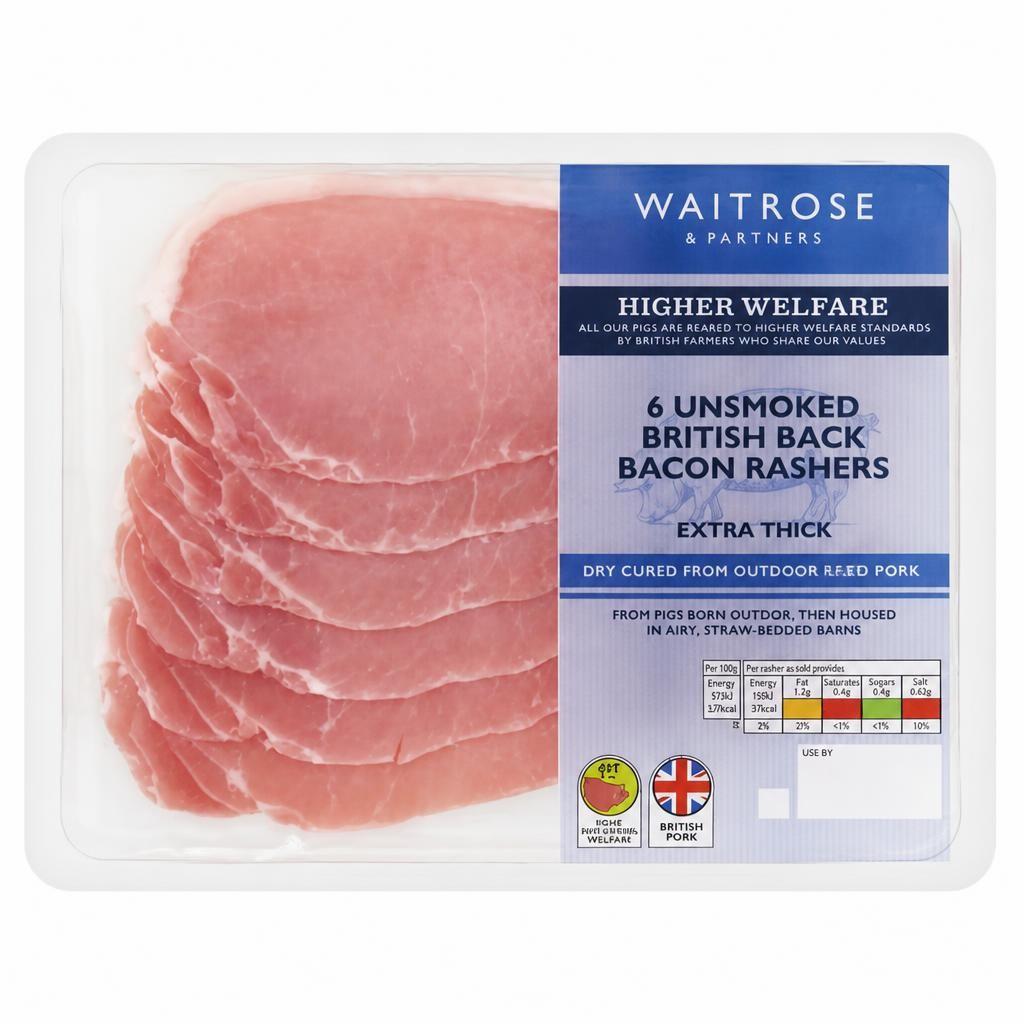 Waitrose 6 Extra Thick Cut Unsmoked Dry Cured Back Bacon Rashers