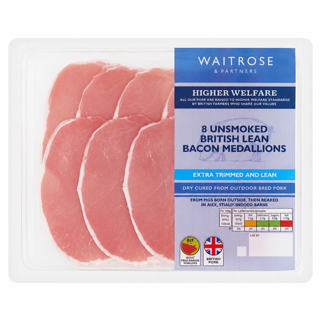 Waitrose 8 Unsmoked Dry Cured Extra Lean Bacon Medallions