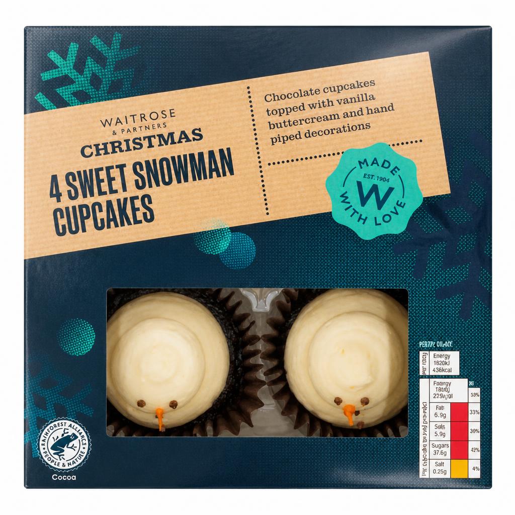 Waitrose Christmas 4 Sweet Snowman Cupcakes