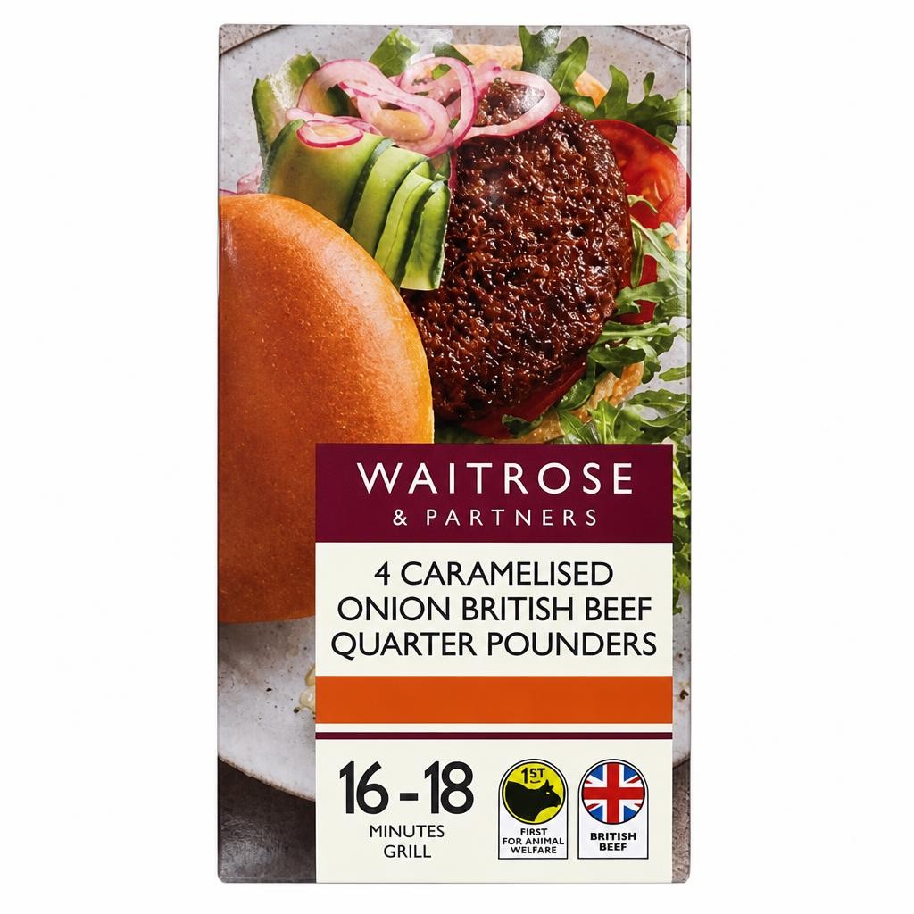 Waitrose 4 British Beef Quarter Pounders With Onions
