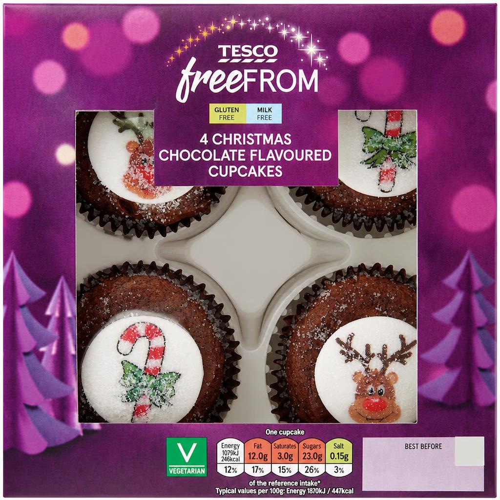 Tesco Free From 4 Christmas Chocolate Flavoured Cupcakes