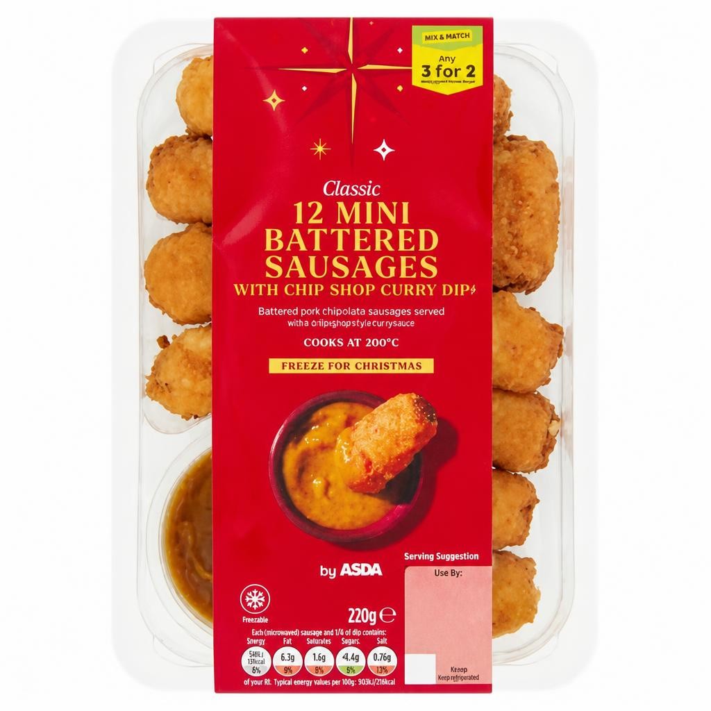 ASDA 12 Classic Mini Battered Sausages with Chip Shop Curry Dip 220g