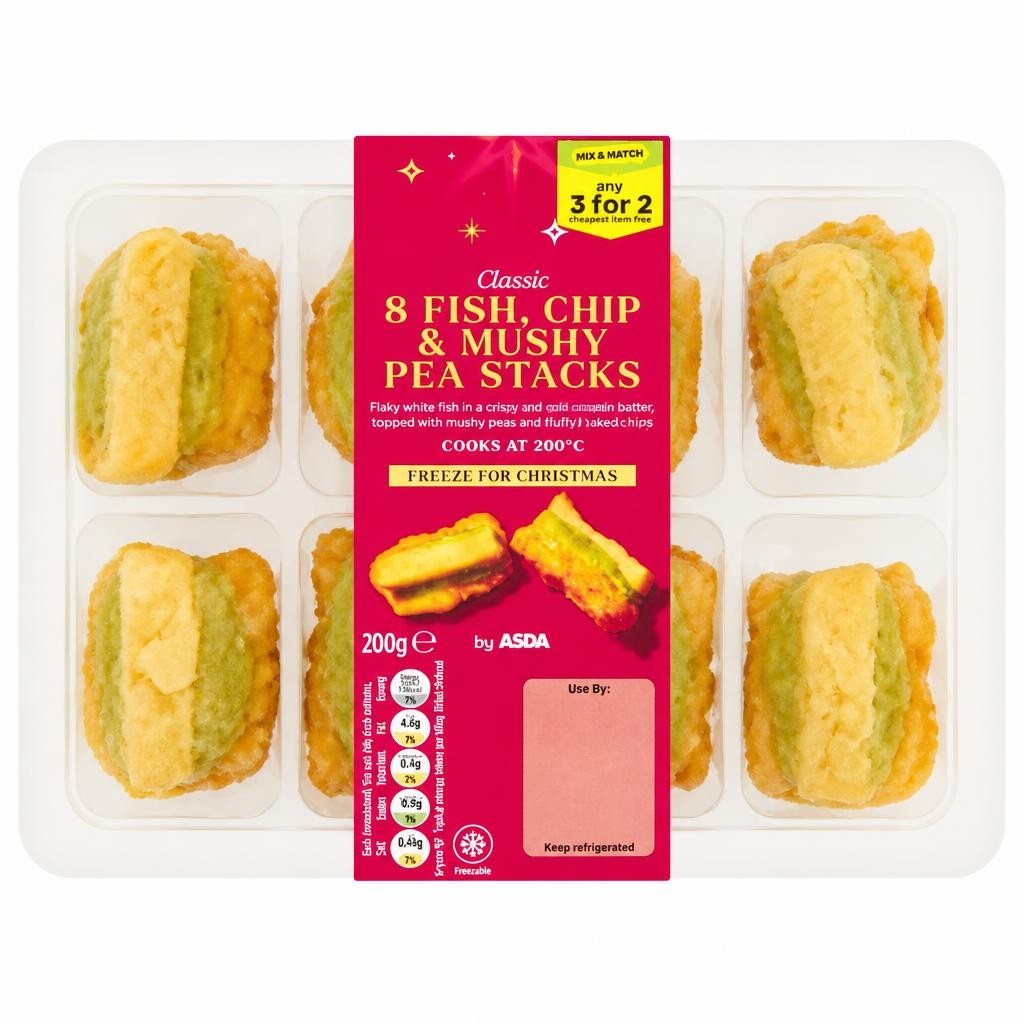 ASDA 8 Classic Fish, Chip & Mushy Pea Stacks 200g