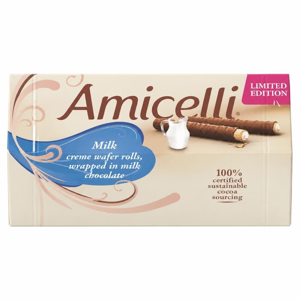Amicelli 16 Limited Edition Milk Creme Wafer Rolls Wrapped in Milk Chocolate 200g