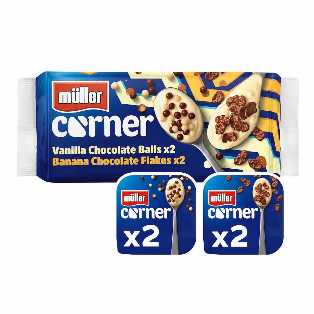 Muller Corner Yogurt Vanilla Chocolate Balls & Banana Chocolate Flakes 4x124g