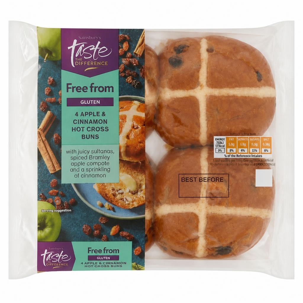 Sainsbury's Free From 4 Apple & Cinnamon Hot Cross Buns, Taste the Difference 240g