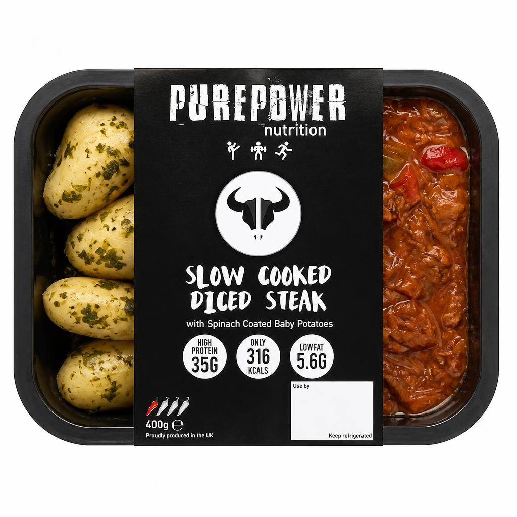PUREPOWER NUTRITION SLOW COOKED DICED STEAK WITH SPINACH COATED BABY POTATOES 400G
