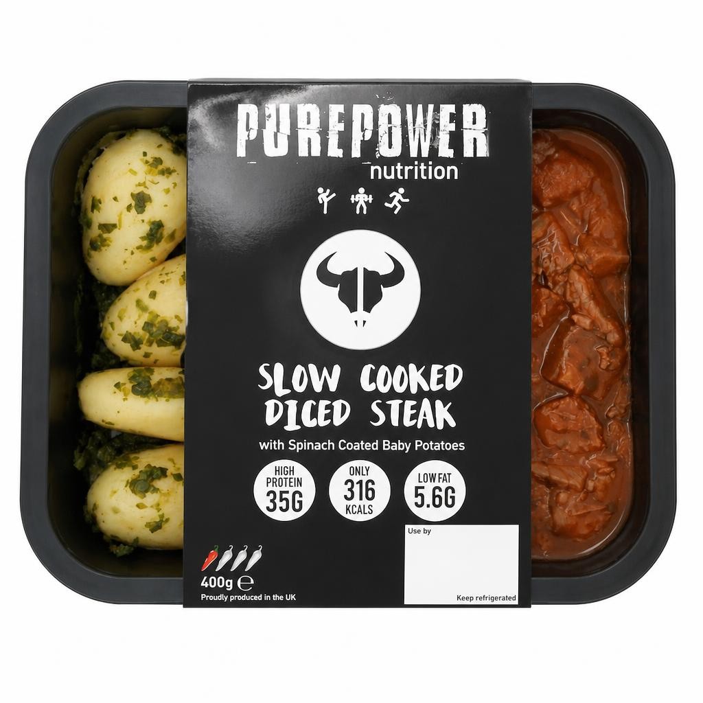 PUREPOWER NUTRITION SLOW COOKED DICED STEAK WITH SPINACH COATED BABY POTATOES 400G