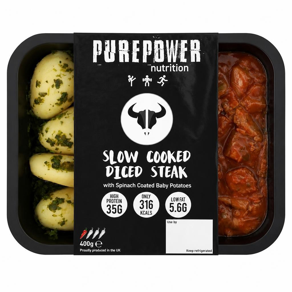 PUREPOWER NUTRITION SLOW COOKED DICED STEAK WITH SPINACH COATED BABY POTATOES 400G