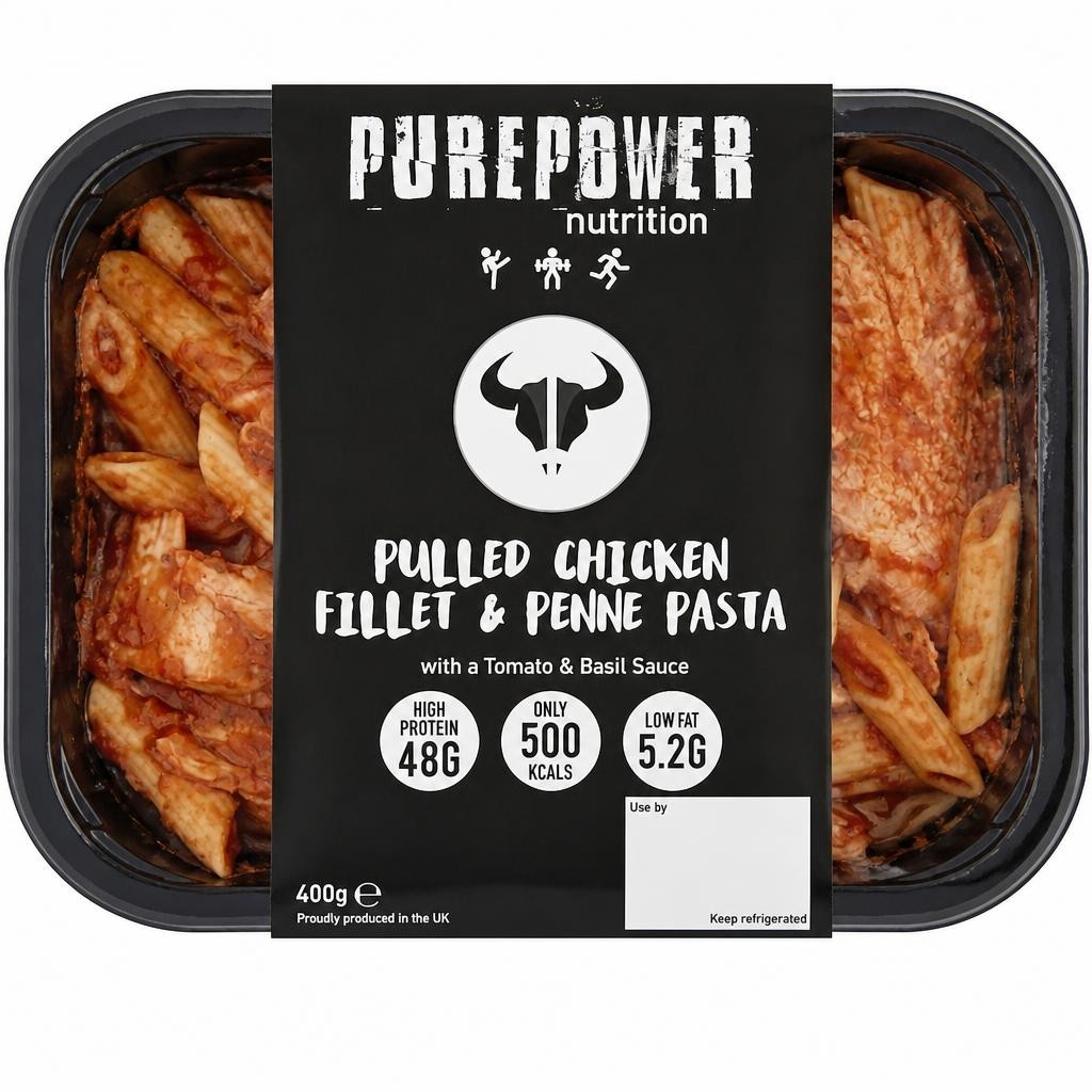 PUREPOWER NUTRITION PULLED CHICKEN FILLET AND PENNE PASTA WITH A TOMATO & BASIL SAUCE 400G