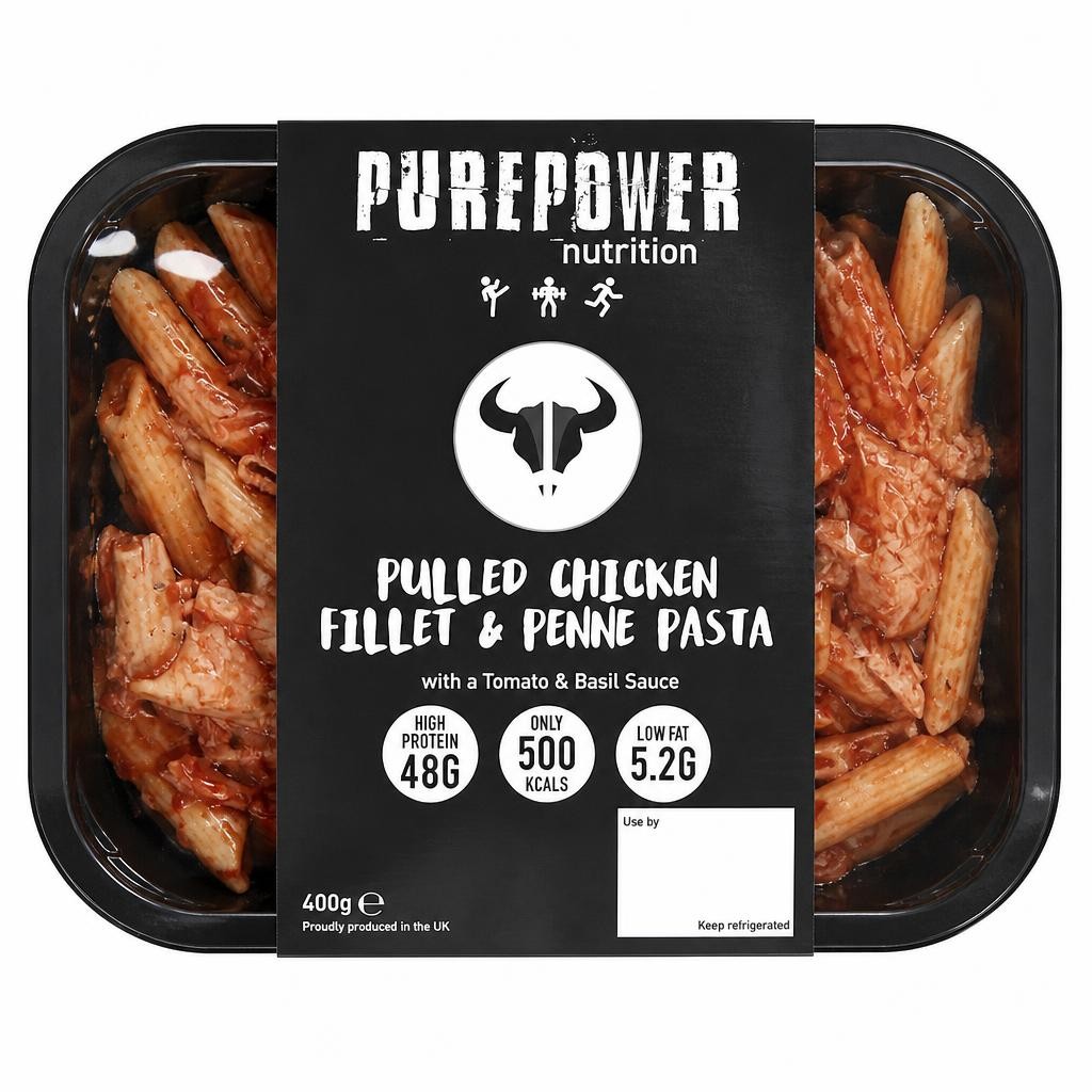 PUREPOWER NUTRITION PULLED CHICKEN FILLET AND PENNE PASTA WITH A TOMATO & BASIL SAUCE 400G
