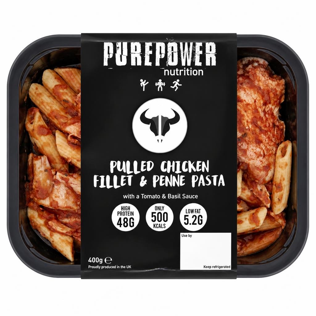 PUREPOWER NUTRITION PULLED CHICKEN FILLET AND PENNE PASTA WITH A TOMATO & BASIL SAUCE 400G