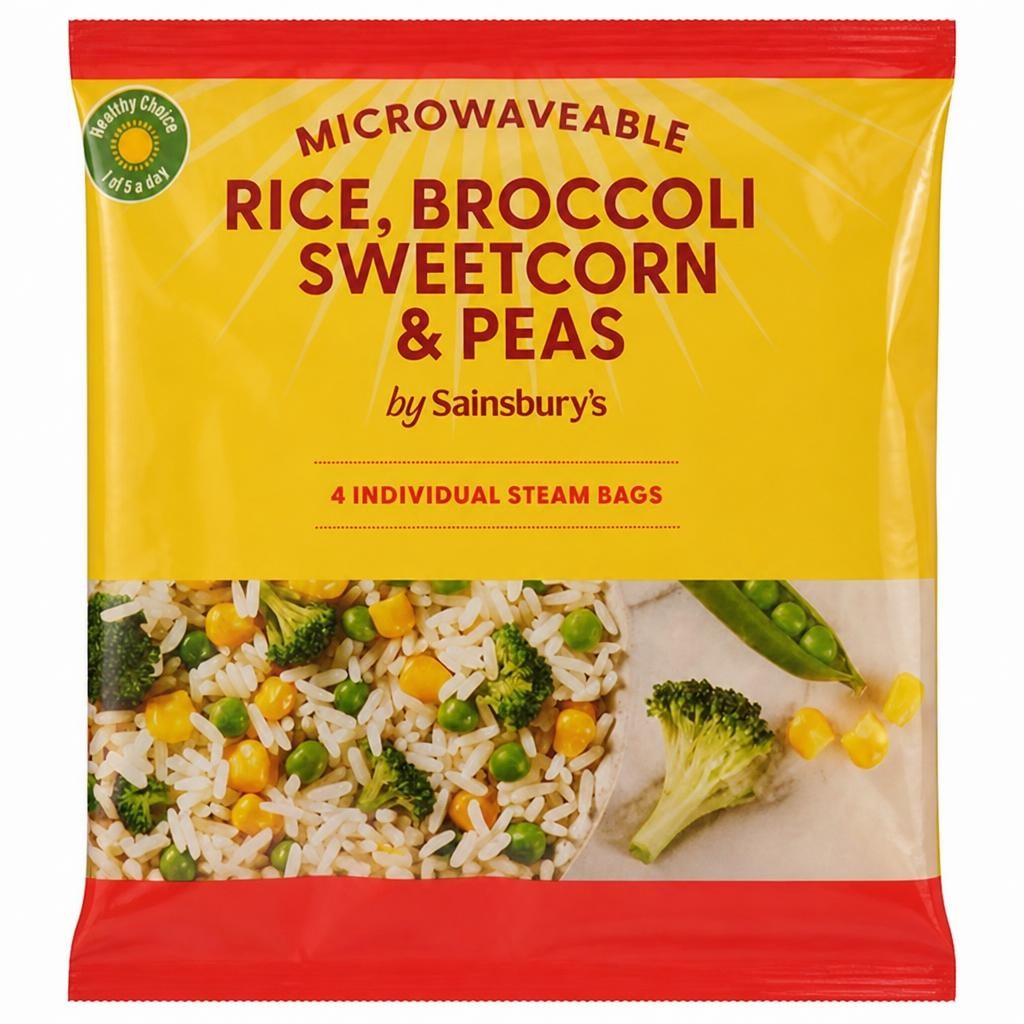 Sainsbury's Rice, Broccoli, Sweetcorn & Peas Microwaveable Steam Bags x4 540g