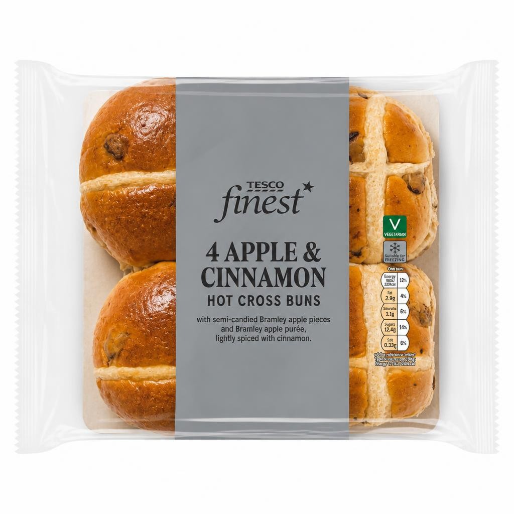 Tesco Finest Apple & Cinnamon Hot Cross Buns 4 Pack