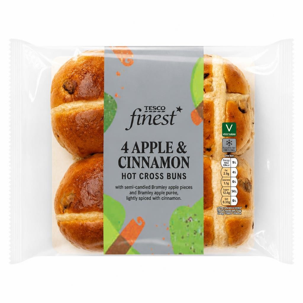 Tesco Finest Apple & Cinnamon Hot Cross Buns 4 Pack