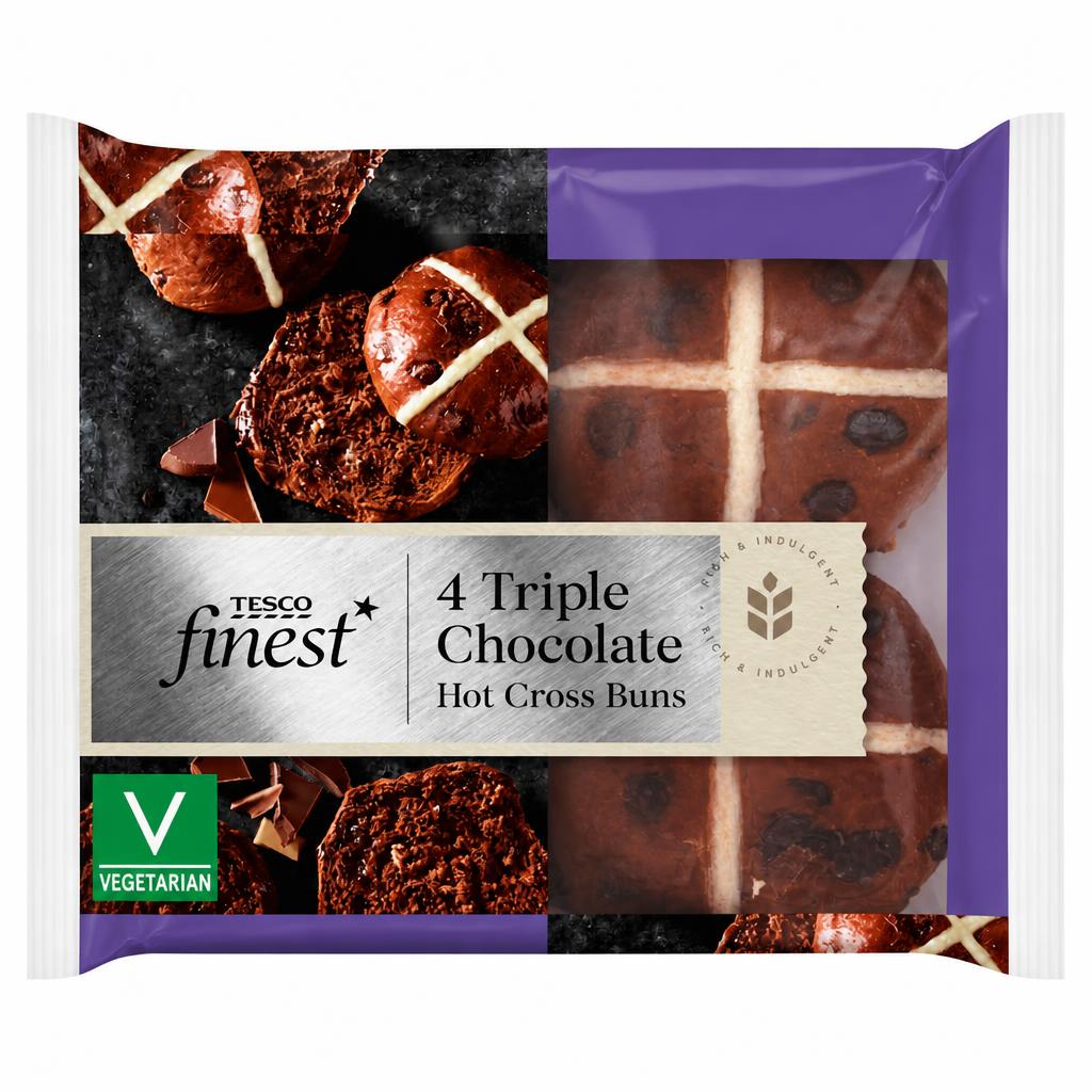 Tesco Finest Triple Chocolate Hot Cross Buns 4 Pack